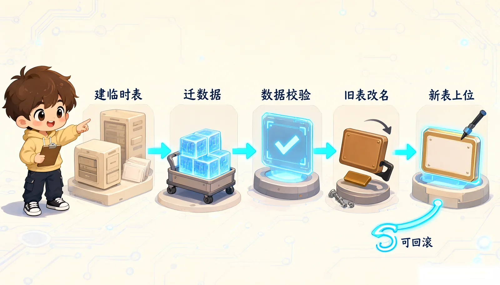 图 1:影子表切换五步,迁移与切换解耦,可随时回滚