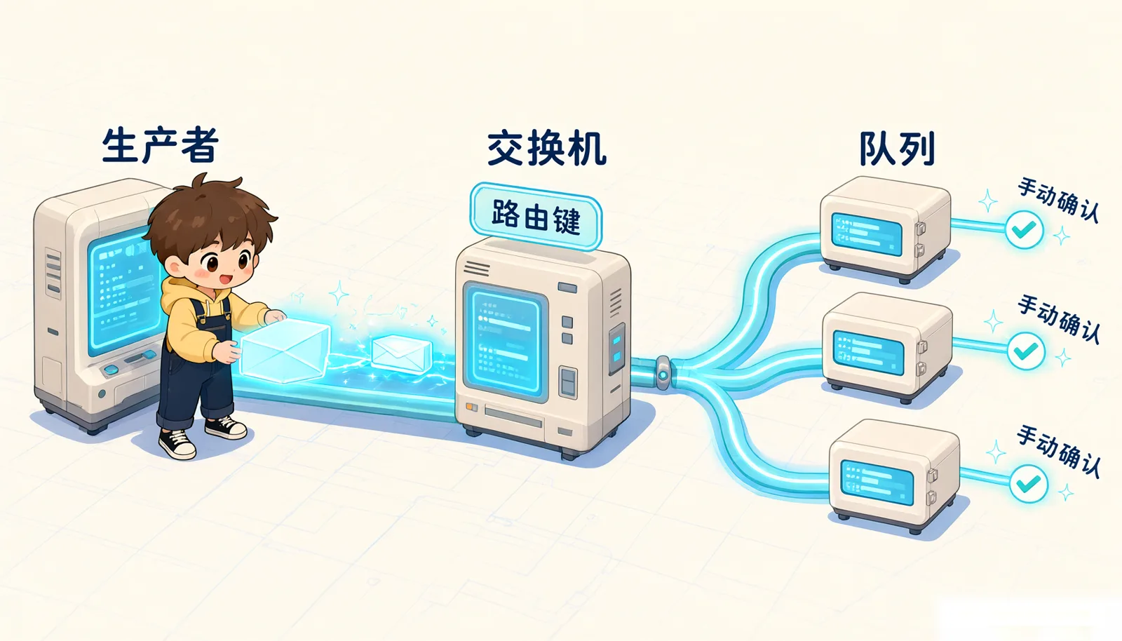 图 1:路由与手动确认,交换机按路由键分发,处理完再 ack