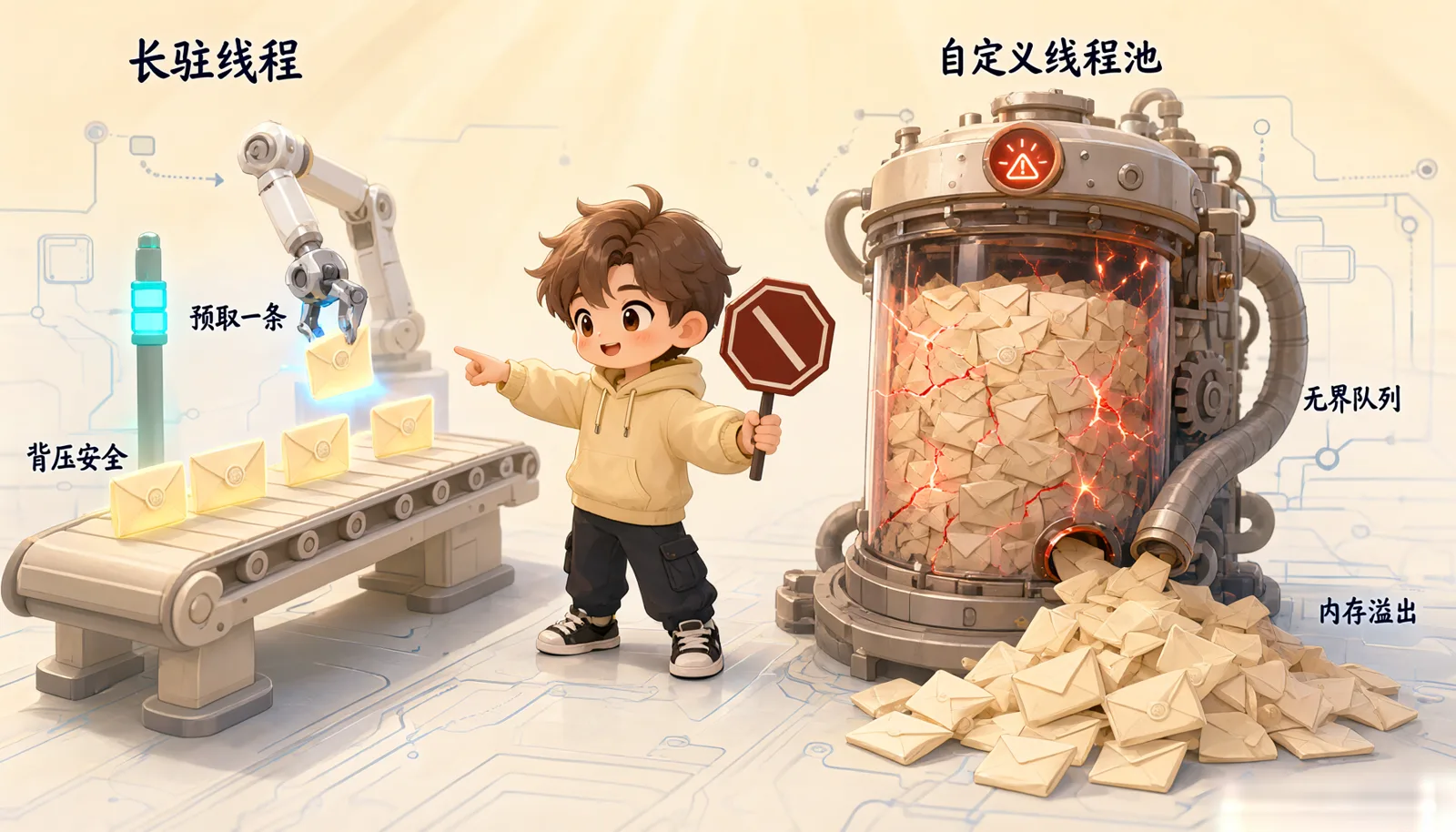 图 2:线程模型对比,长驻线程与自定义线程池,预取和队列的取舍