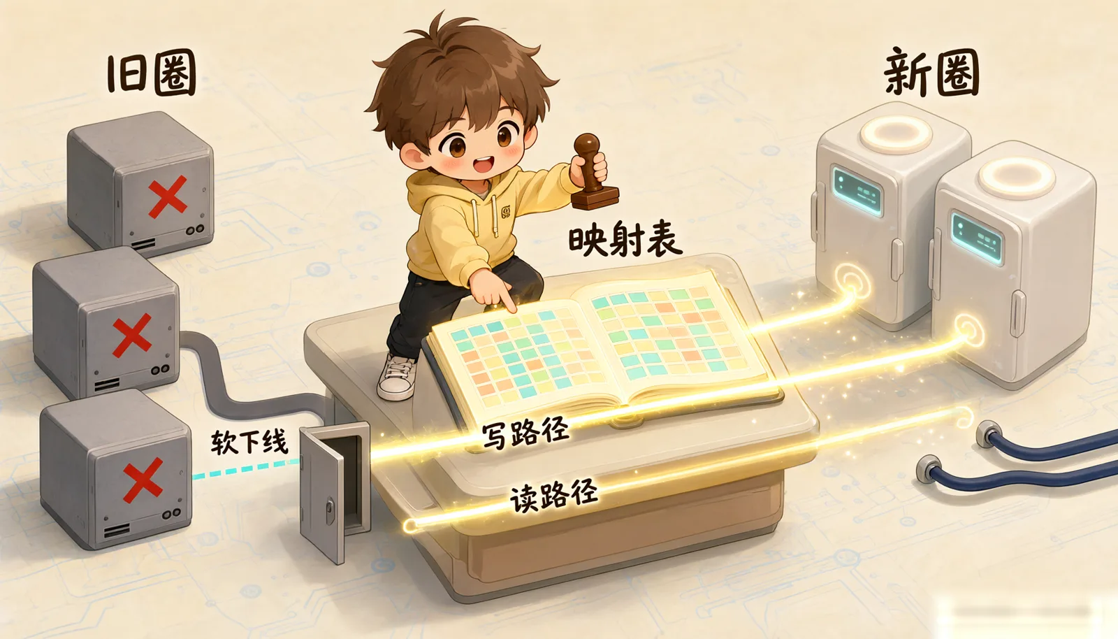图 1：映射表翻译层，旧圈 ID 写路径翻译，读路径弹回新圈