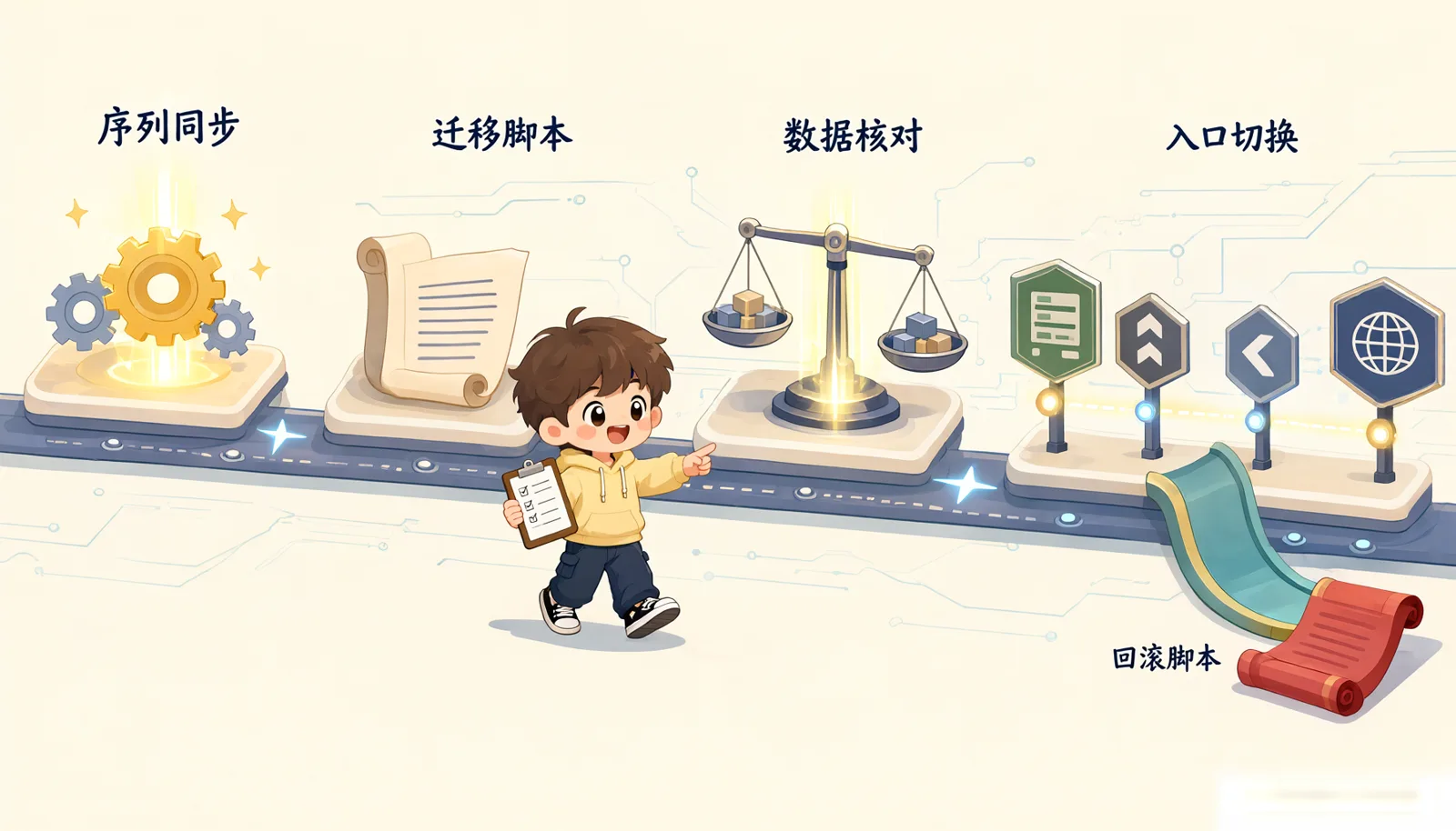 图 2：上线 Runbook，序列同步、迁移脚本、数据核对、入口切换，回滚脚本常备