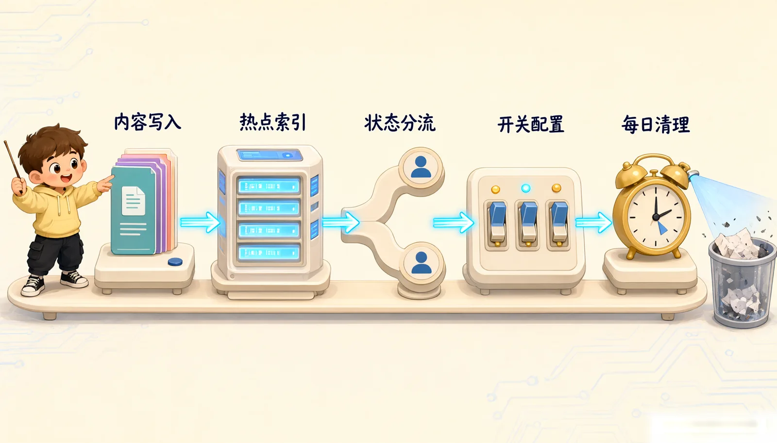 图 1：推荐五环节，内容写入、热点索引、状态分流、开关配置、每日清理