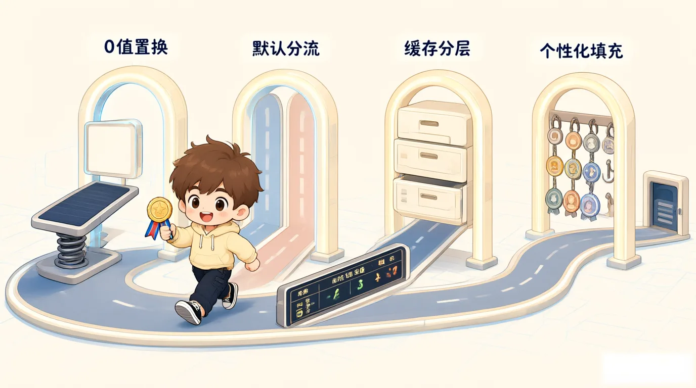 图 1：九步链路的四条分界线，0 值置换、默认分流、缓存分层、个性化填充