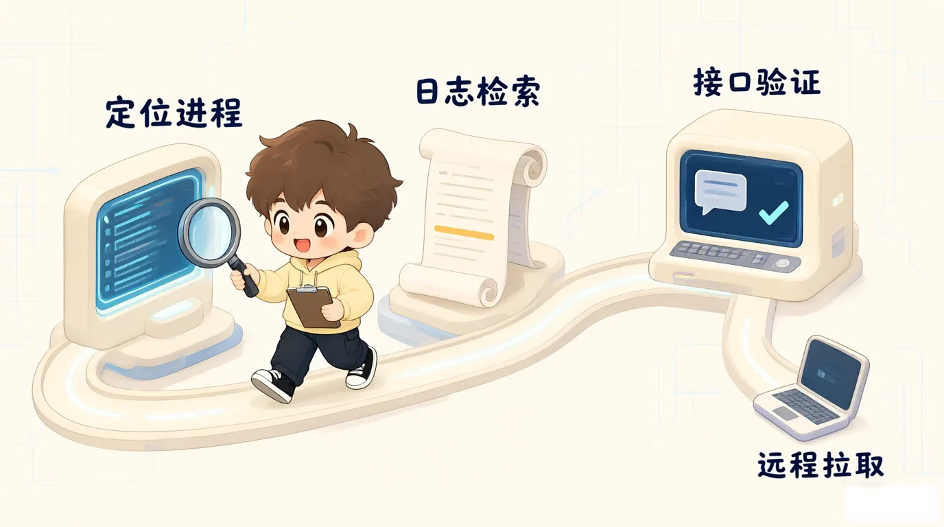 图 1:排查三板斧落地,定位进程、检索日志、验证接口,日志在远端时先拉取
