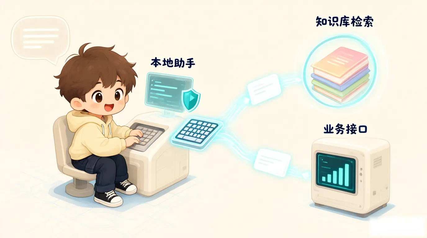 图 1：知识库与业务接口双通道，静态知识走检索，实时数据走接口
