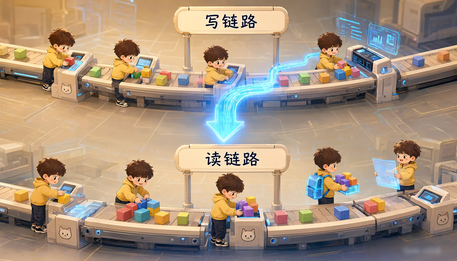 图 1-3 全链路总览:写链路(上)与读链路(下)